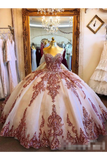 Champagne Tulle Rosewood Appliques Sweet Heart Neckline Ball Gown Quinceanera Dresses Prom STKPCTTJKBL