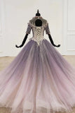 Sparkly Ball Gown Ombre Half Sleeves Jewel Long Prom Dresses, Beads Quinceanera Dresses STK15601
