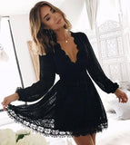 Chic Black Deep V Neck Long Sleeves Lace Homecoming Dress, Black Short Prom Gowns STK14968