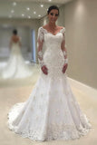 2024 Mermaid/Trumpet Wedding Dresses V Neck Long Sleeves Tulle With Applique P1RY3QQY