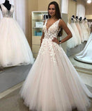 A Line V-neck Long Tulle Wedding Dress with Appliques, Cheap Bridal Dresses STK15045