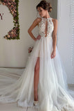 A Line Appliques Ivory Open Back Wedding Dresses, Long Beach Bridal Dresses STK14990