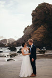 Elegant Spaghetti Straps V Neck Chiffon Backless Beach Wedding Dresses Bridal Gowns STK14976