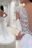 2024 Mermaid/Trumpet V-Neck Tulle Wedding Dresses With Appliques Cap Sleeves PX5H5FR5