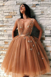 Ball Gown Tulle V Neck Homecoming Dresses with Appliques, Short Prom STK20392