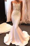 2024 New Arrival Satin Wedding Dresses Mermaid Scoop With Appliques P4MR8FBJ