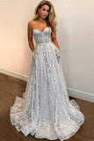 A Line Sweetheart Strapless Sweep Train Lace Pockets Wedding Dress with Sequins STK15036
