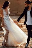 A-Line Deep V-Neck Sweep Train Tulle Ivory Wedding Dress with Appliques Split STK15049