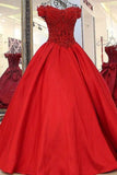 2024 Red Prom Dresses A-Line Off-The-Shoulder Satin With Beading PB5PQJYB
