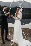 Long Sleeve Two Pieces Lace Round Neck Beach Wedding Dresses Chiffon Boho Bridal Gowns STK14979