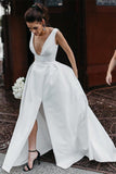 Stunning V-Neck Satin Straps Ivory Wedding Dresses A-line Bridal Gowns with Pockets V Back STK14983