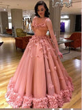 Ball Gown High Neck Pink Appliques Tulle Quinceanera Dresses Long Dance Dresses