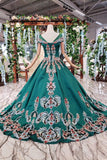 Luxury Green Round Neck Short Sleeves Prom Dresses with Beading