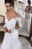 2024 Mermaid/Trumpet V-Neck Tulle Wedding Dresses With Applique Long Sleeves P2JCR8QQ