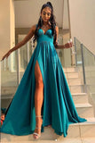 Elegant Green A Line V Neck Prom Dresses with Split, Long Bridesmaid Dresses STK15166