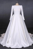 Ball Gown Long Sleeve White Satin Wedding Dresses, Long Simple Wedding Gowns STK15060