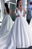 A Line Round Neck White Prom Dresses Bowknot Satin Wedding Dresses STK15022