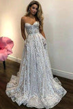 A Line Sweetheart Strapless Sweep Train Lace Pockets Wedding Dress with Sequins STK15036