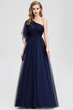 Simple A Line One Shoulder Navy Blue Tulle Prom Dresses Cheap Formal Dresses STK15382
