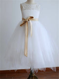 A-line/Princess Scoop Sleeveless Sash/Ribbon/Belt Tea-Length Tulle Flower Girl Dresses TPP0007533