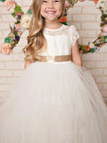 A-Line/Princess Tulle Lace Scoop Short Sleeves Floor-Length Flower Girl Dresses TPP0007903