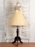 A-Line/Princess Tulle Hand-Made Flower Scoop Sleeveless Tea-Length Flower Girl Dresses TPP0007529