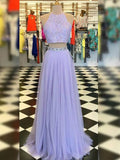 A-Line/Princess Tulle Lace Halter Sleeveless Sweep/Brush Train Two Piece Dresses TPP0002892