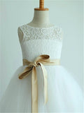 A-line/Princess Scoop Sleeveless Sash/Ribbon/Belt Tea-Length Tulle Flower Girl Dresses TPP0007533