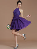 A-Line/Princess Halter Sleeveless Lace Short/Mini Chiffon Bridesmaid Dresses TPP0005132