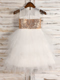 A-Line/Princess Tulle Paillette Scoop Sleeveless Tea-Length Flower Girl Dresses TPP0007530