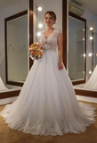 Gorgeous V Neck Open Back Cap Sleeves With Lace Appliques Long Wedding Dresses