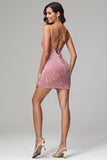Sheath Pink Spaghetti Straps Sequins Homecoming Dress
